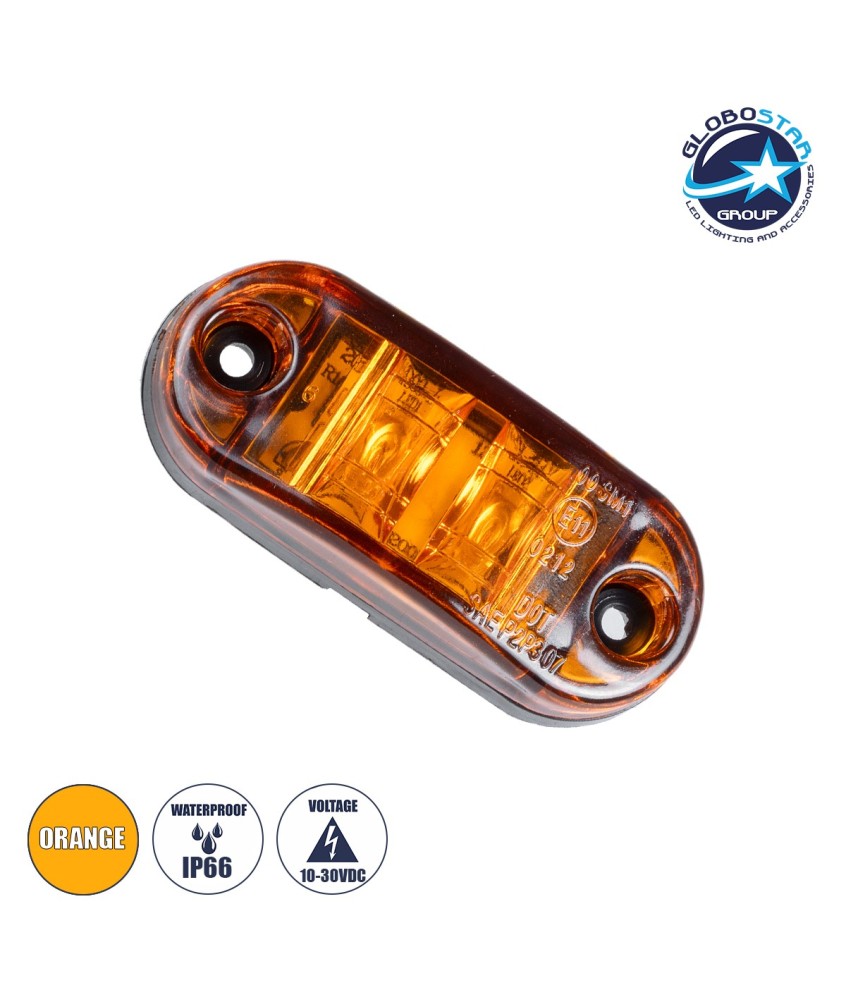 GloboStar® 79908 Πλευρικά Φώτα Όγκου Φορτηγών LED 2xSMD2835 DC 10-30V 2W 134lm IP66 Πορτοκαλί - Μ6.5 x W3 x H1.8cm